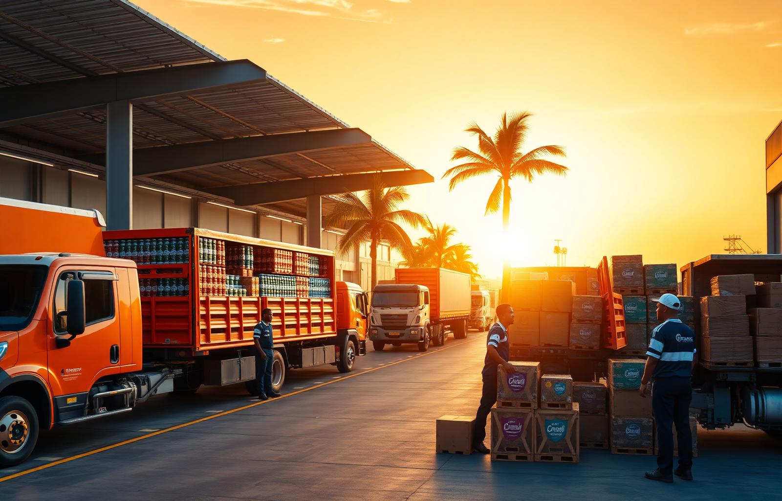 Entrepôt de distribution CAD avec camions et palettes de boissons